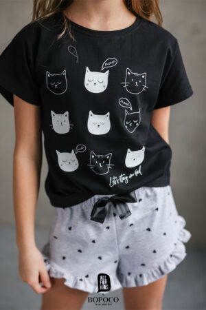 Piżama dziewczęca koty czarno-szara All For Kids