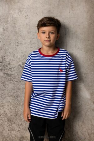 T-shirt Z Bawełny W Paski Chabrowe Unisex MashMnie